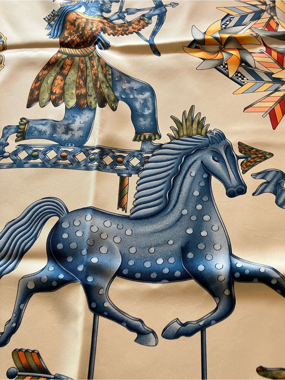 Hermes Blue and Cream Silk Scarf with Carousel Horse Motif - Picture 2 of 11